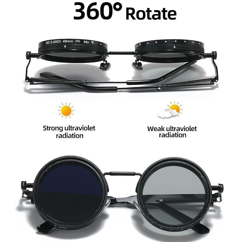 Round Polarized Sunglasses with Built-In ND Filter UV400 Lens Adjustable Brightness and Light