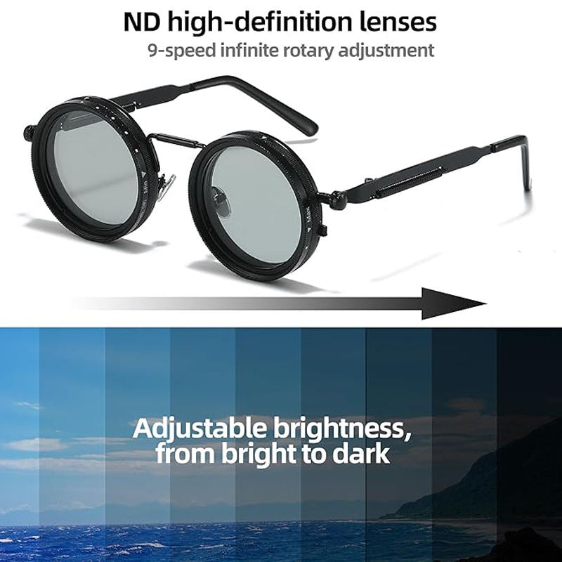 Round Polarized Sunglasses with Built-In ND Filter UV400 Lens Adjustable Brightness and Light